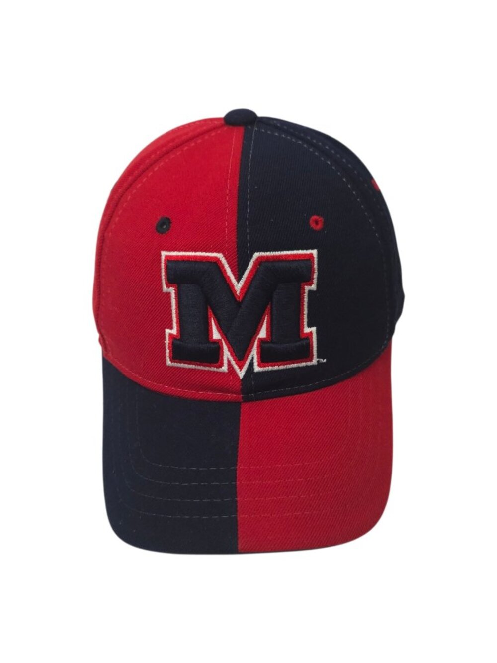 Ole Miss Rebels Split Red Navy Zephyr Fitted Hat Size 7 Block M Embroidered Cap